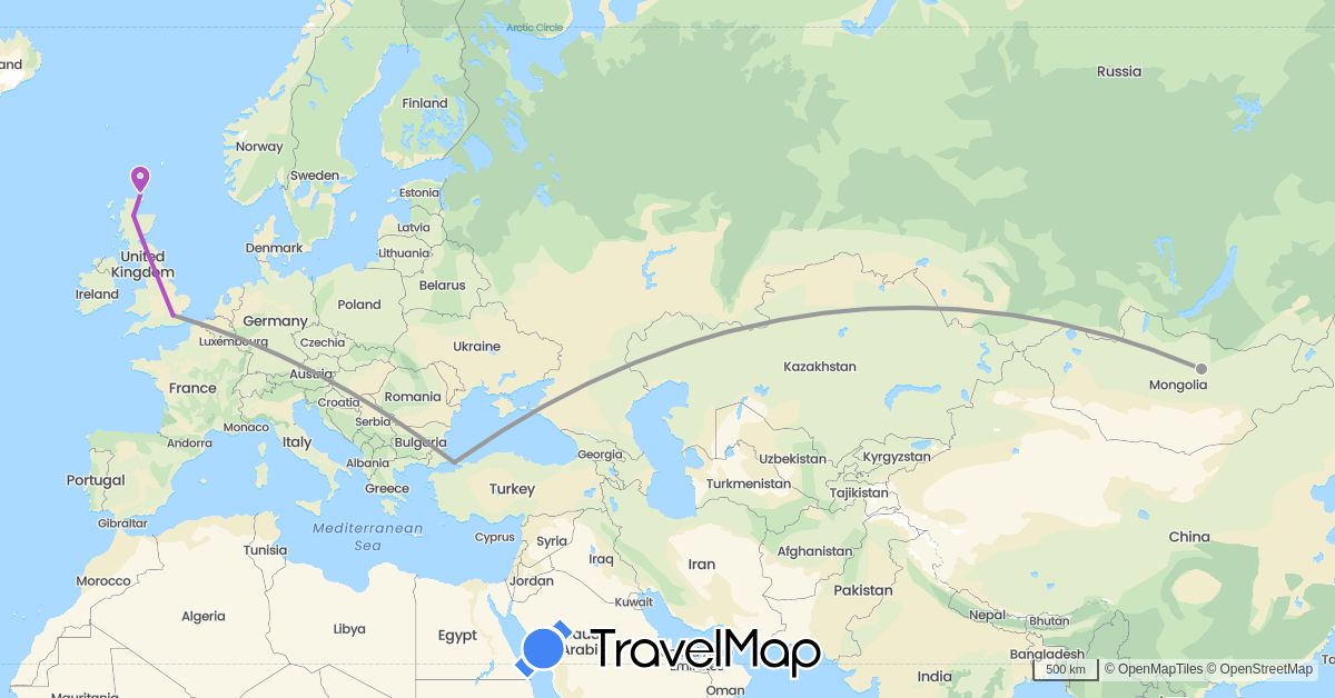 TravelMap itinerary: plane, train in United Kingdom, Mongolia, Turkey (Asia, Europe)