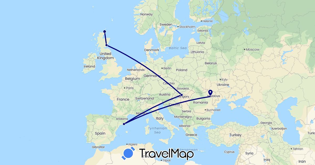 TravelMap itinerary: driving in Spain, United Kingdom, Hungary, Romania (Europe)